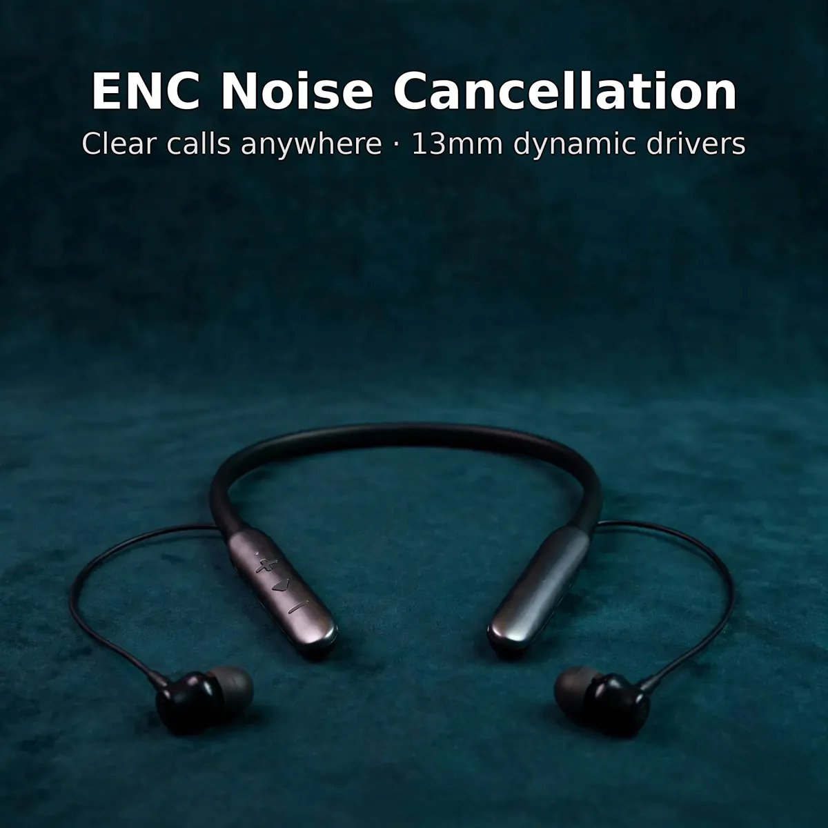 Valdus VS-100 feature card on a dark-teal backdrop — ENC Noise Cancellation. Clear calls anywhere, 13mm dynamic drivers.
