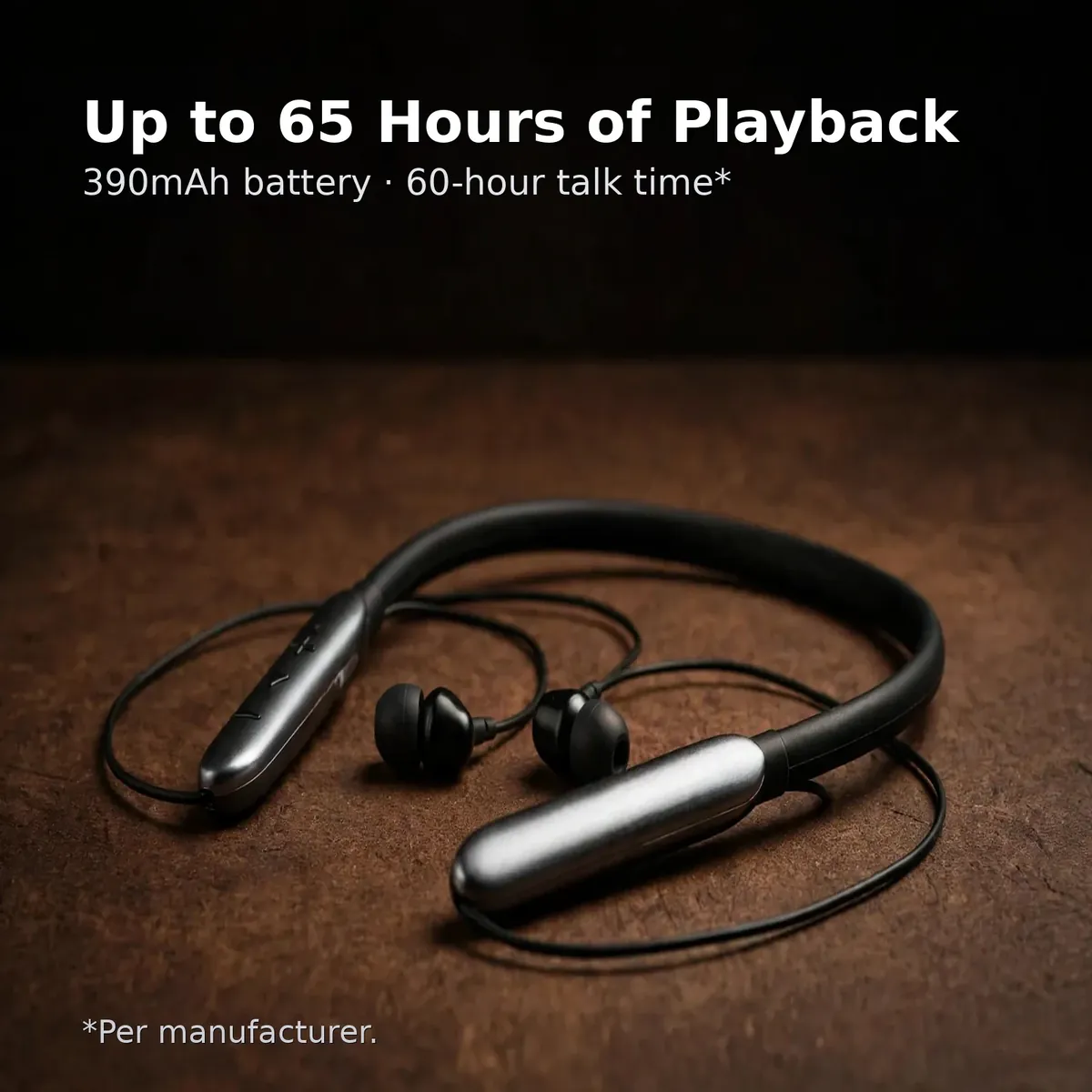 Valdus VS-100 battery card on a warm dark backdrop — Up to 65 Hours of Playback. 390mAh battery, 60-hour talk time, per manufacturer.
