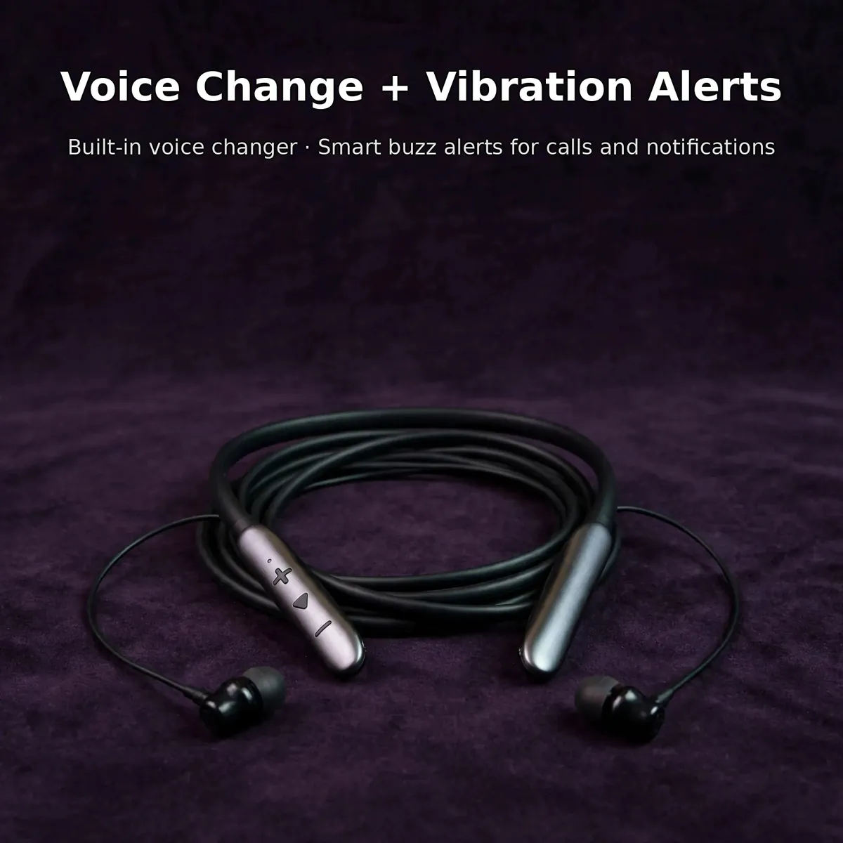 Valdus VS-100 feature card on a dark-purple backdrop — Voice Change + Vibration Alerts. Built-in voice changer, smart buzz alerts for calls and notifications.