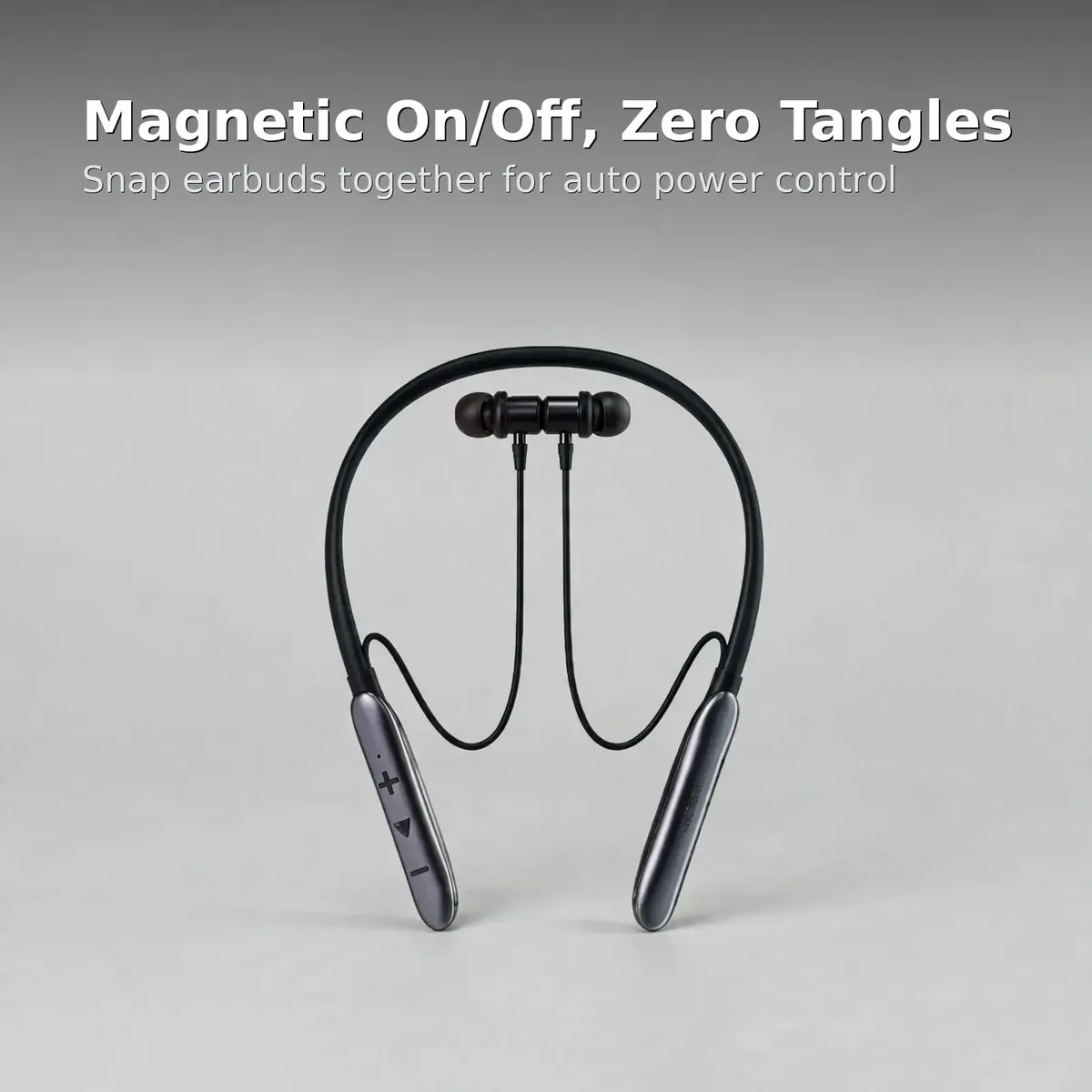 Valdus VS-100 magnetic card on a light-grey backdrop — Magnetic On/Off, Zero Tangles. Snap earbuds together for auto power control.