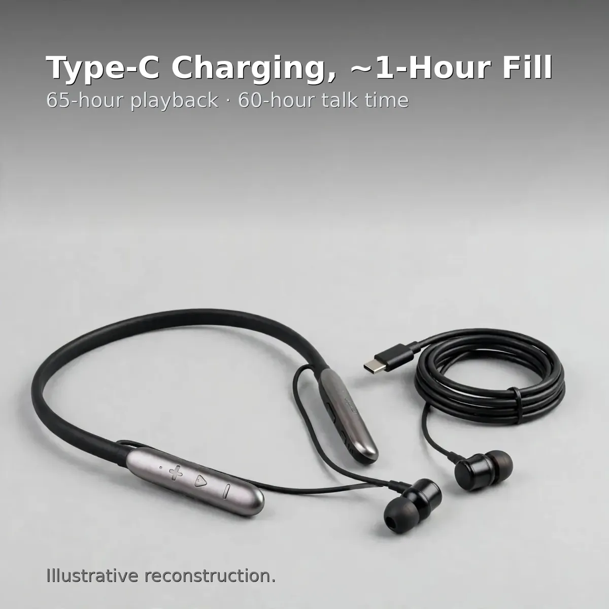 Valdus VS-100 Type-C charging infographic with coiled cable — Type-C Charging, ~1-Hour Fill. 65-hour playback, 60-hour talk time. Illustrative reconstruction.
