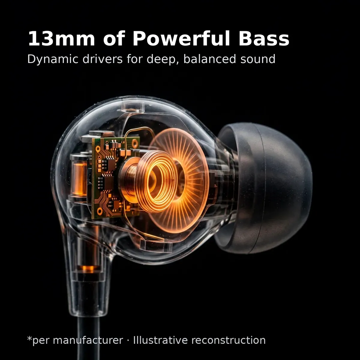Valdus VS-100 13mm driver x-ray close-up — 13mm of Powerful Bass. Dynamic drivers for deep, balanced sound. Illustrative reconstruction.