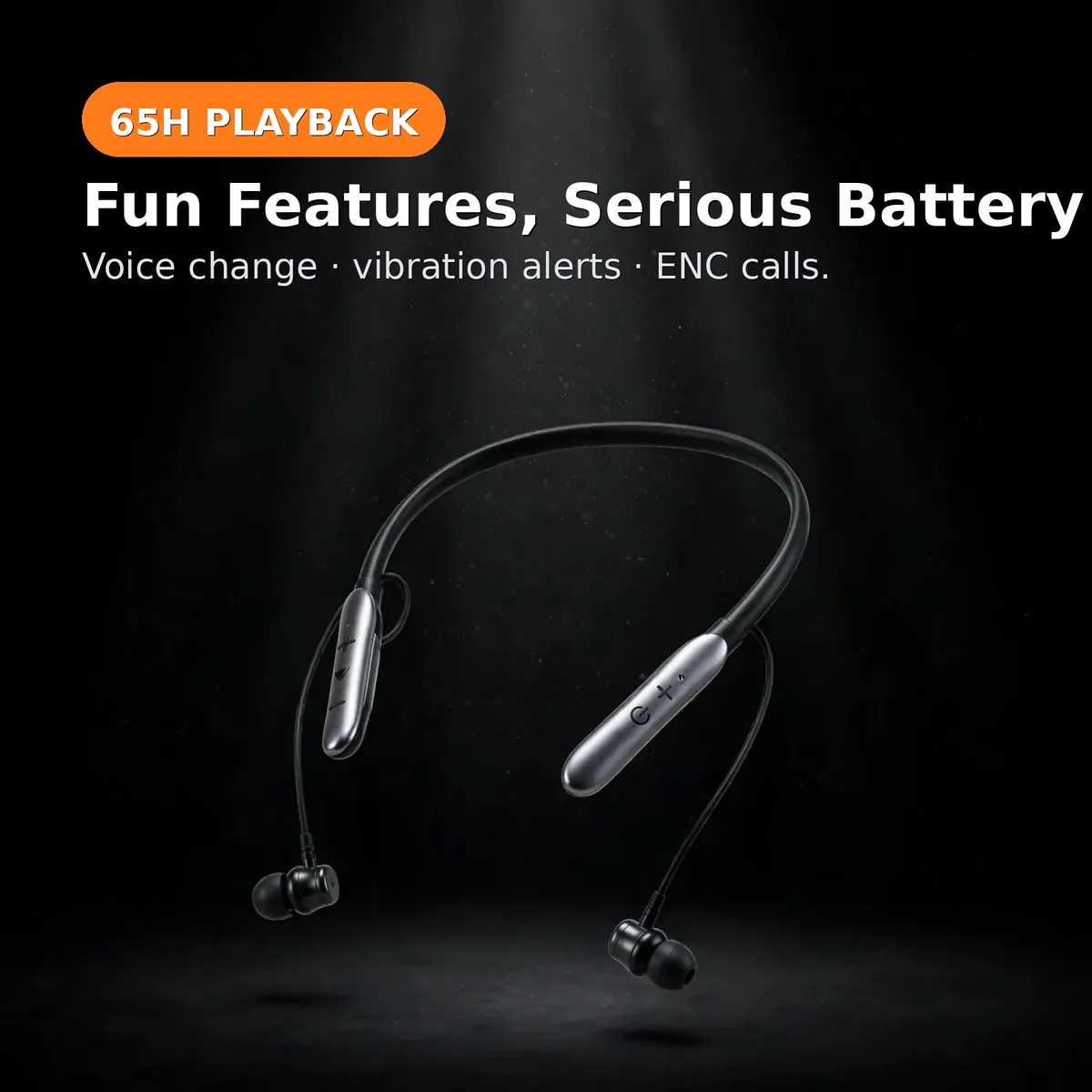 Valdus VS-100 promo hero on a dark backdrop — Fun Features, Serious Battery. 65H Playback chip; voice change, vibration alerts, ENC calls.