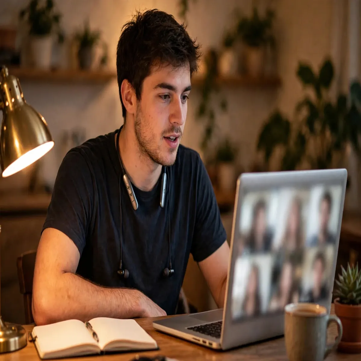 Valdus VS-100 lifestyle photo — a man on a video call at his home desk wearing the neckband.