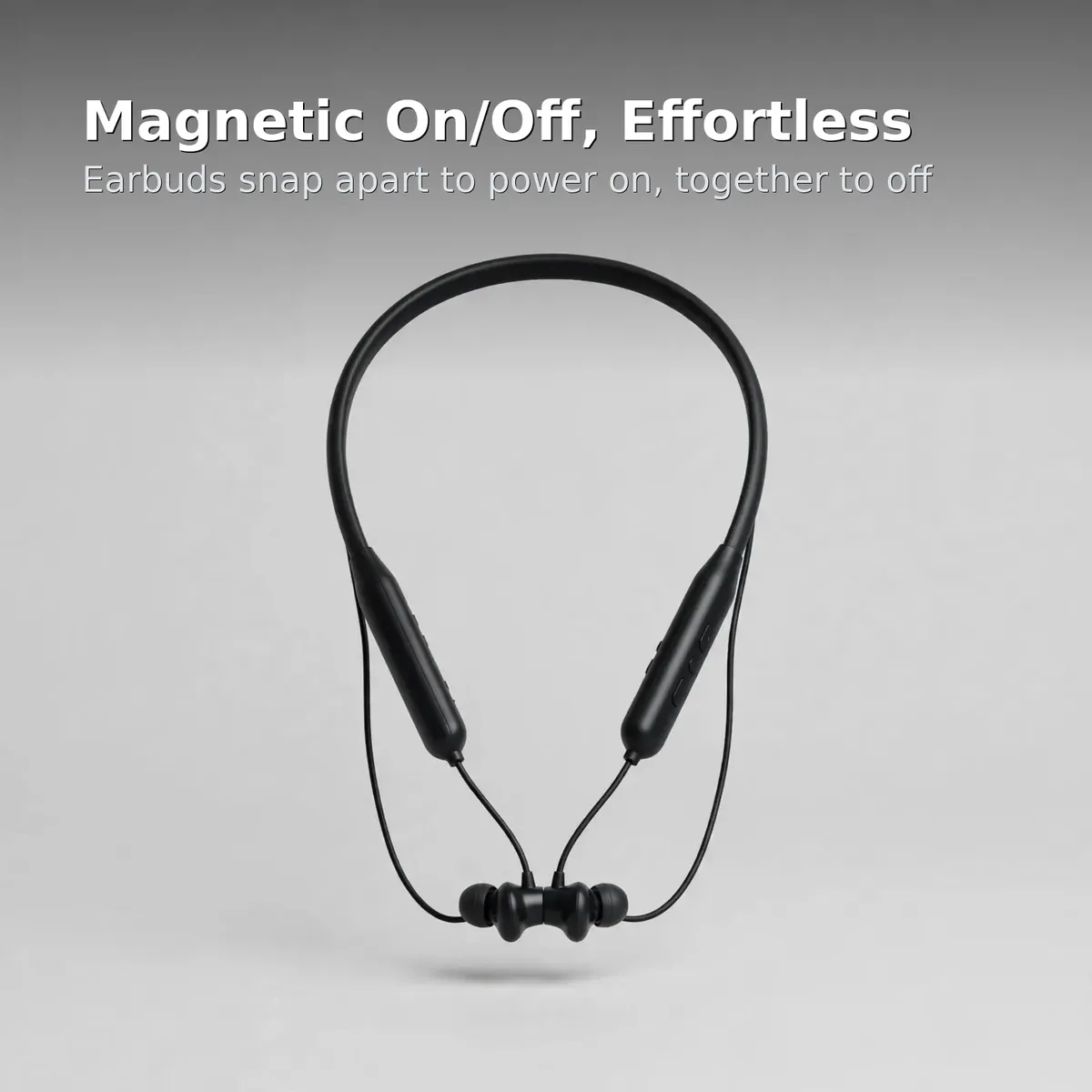 Valdus VS-63 magnetic card — Magnetic On/Off, Effortless. Earbuds snap apart to power on, together to off.