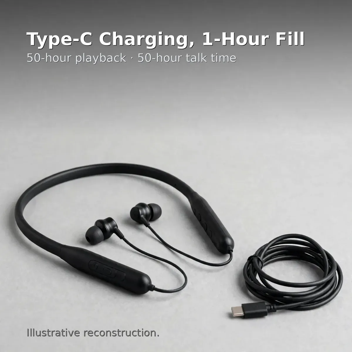 Valdus VS-63 charging infographic — Type-C Charging, 1-Hour Fill. 50-hour playback, 50-hour talk time. Illustrative reconstruction.