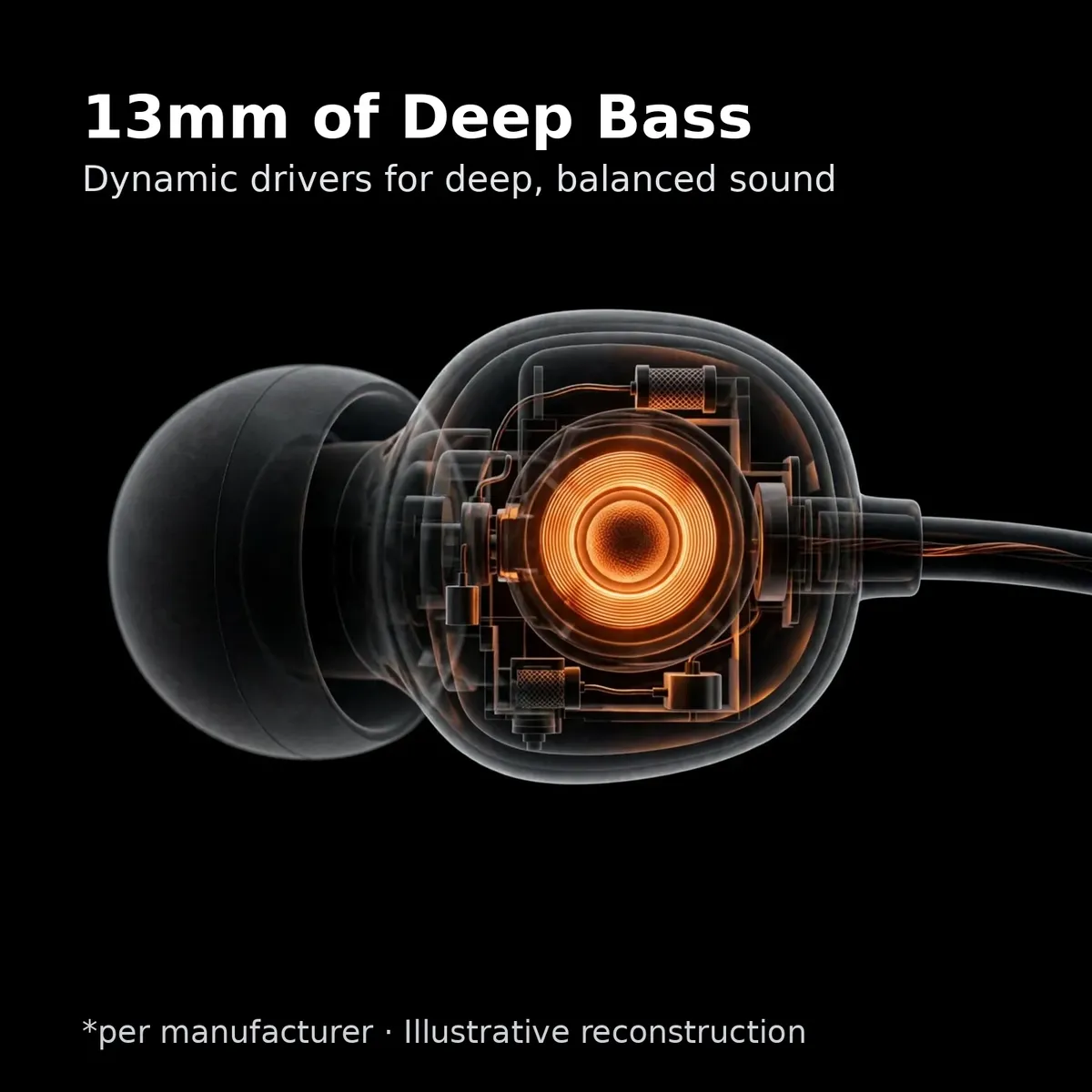 Valdus VS-63 driver x-ray close-up — 13mm of Deep Bass. Dynamic drivers for deep, balanced sound. Per manufacturer, illustrative reconstruction.
