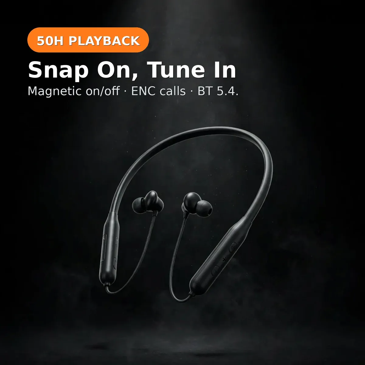 Valdus VS-63 promo hero — Snap On, Tune In. 50H Playback chip; magnetic on/off, ENC calls, BT 5.4.
