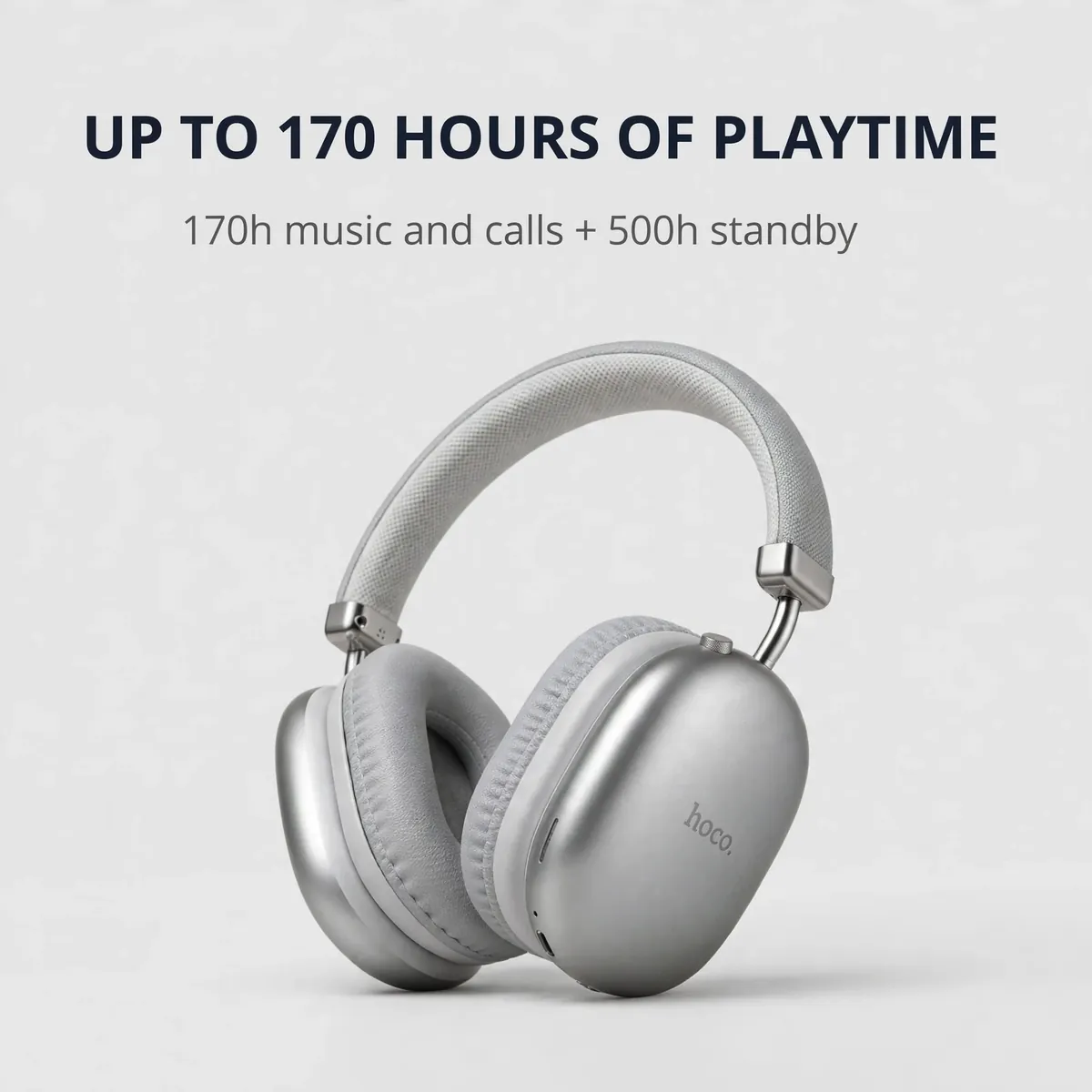 Hoco W35 Pro Max Silver battery feature card on a light studio backdrop — UP TO 170 HOURS OF PLAYTIME. 170h music and calls plus 500h standby.