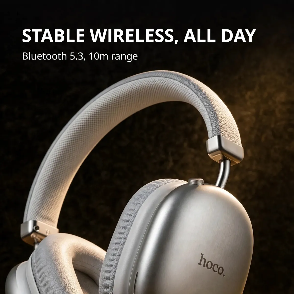 Hoco W35 Pro Max Silver wireless feature card showing the earcup and knit-mesh headband — STABLE WIRELESS, ALL DAY. Bluetooth 5.3, 10m range.