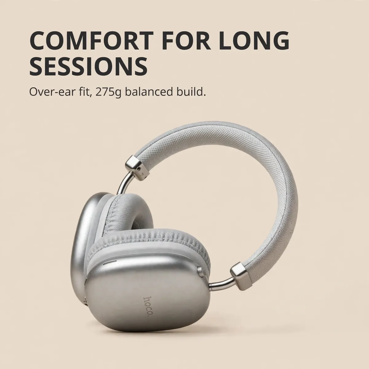 Hoco W35 Pro Max Silver comfort feature card showing the over-ear cushions — COMFORT FOR LONG SESSIONS. Over-ear fit, 275g balanced build.
