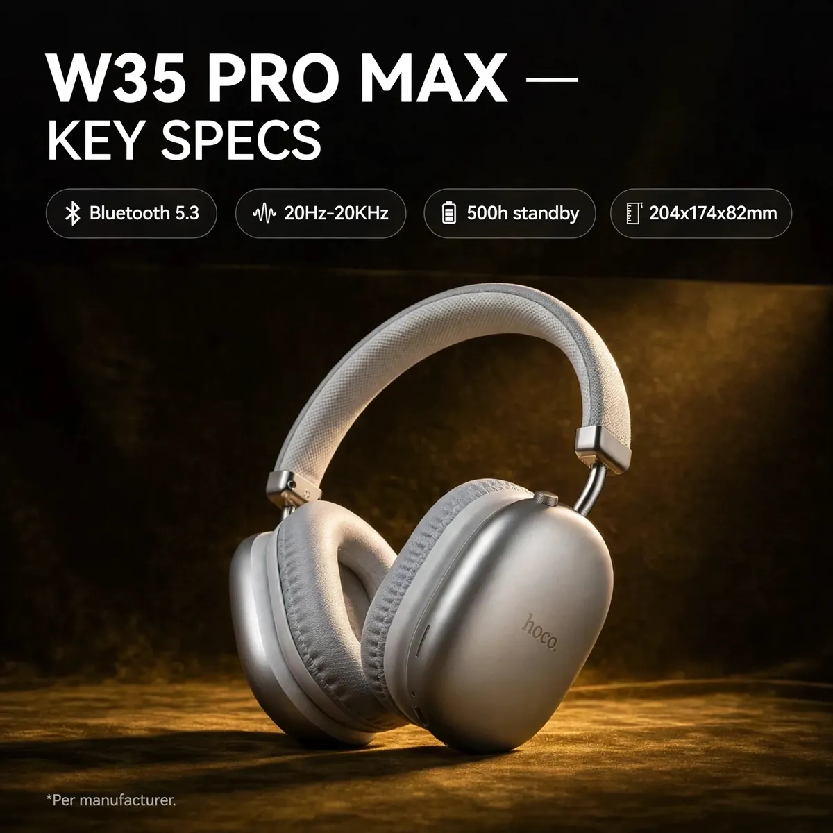 Hoco W35 Pro Max Silver spec card on a dark backdrop — W35 PRO MAX KEY SPECS. Bluetooth 5.3, 20Hz-20KHz, 500h standby, 204x174x82mm. Per manufacturer.