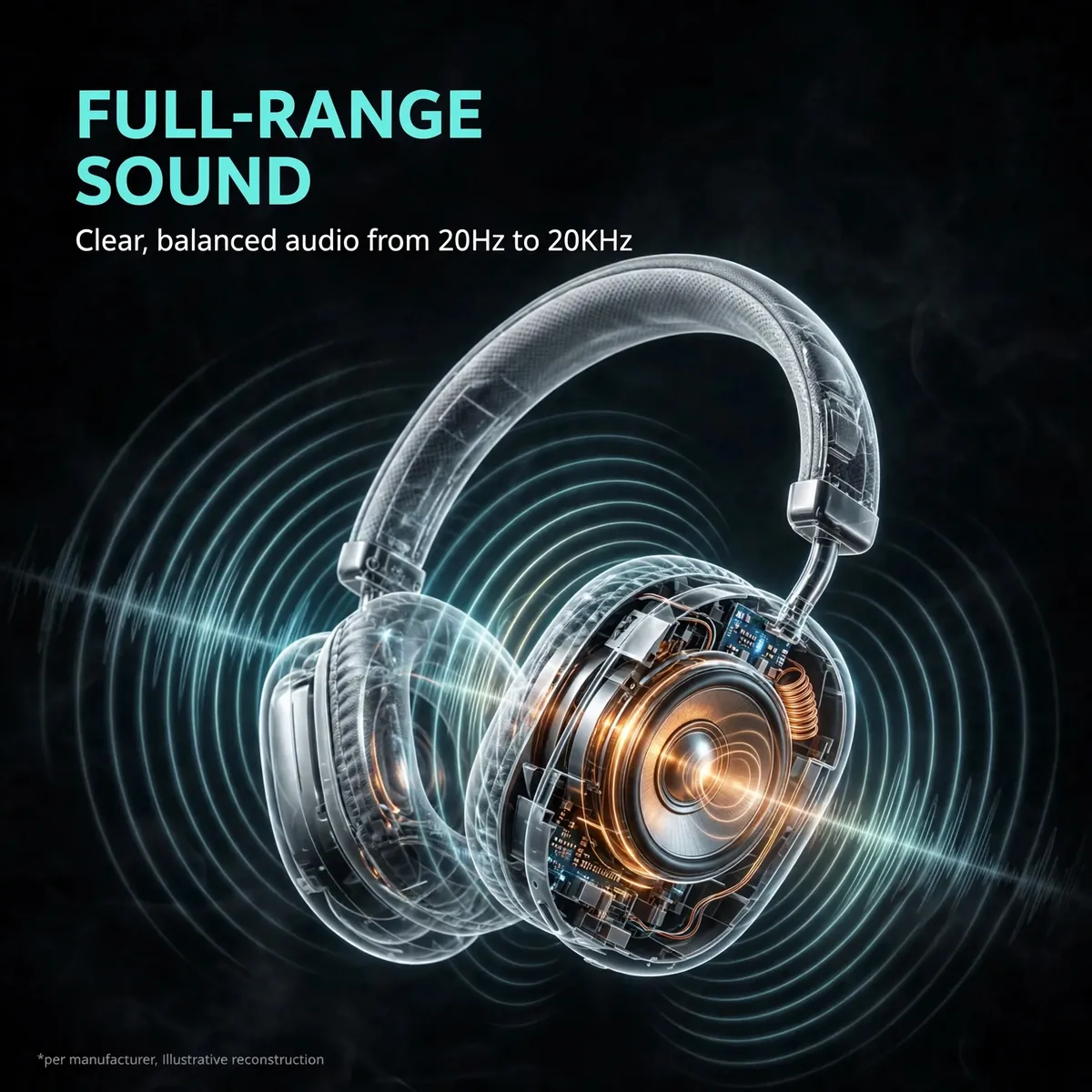 Hoco W35 Pro Max Silver driver x-ray close-up with soundwave rings — FULL-RANGE SOUND. Clear, balanced audio from 20Hz to 20KHz. Illustrative reconstruction.