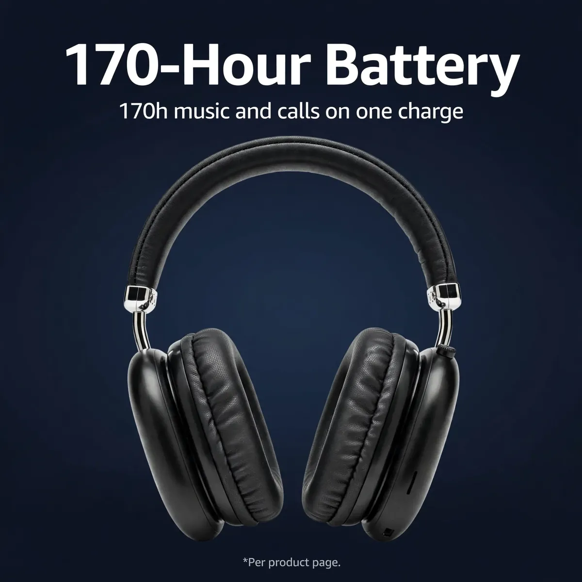 Hoco W35 Pro Max Black battery feature card on a dark navy backdrop — 170-Hour Battery. 170h music and calls on one charge.