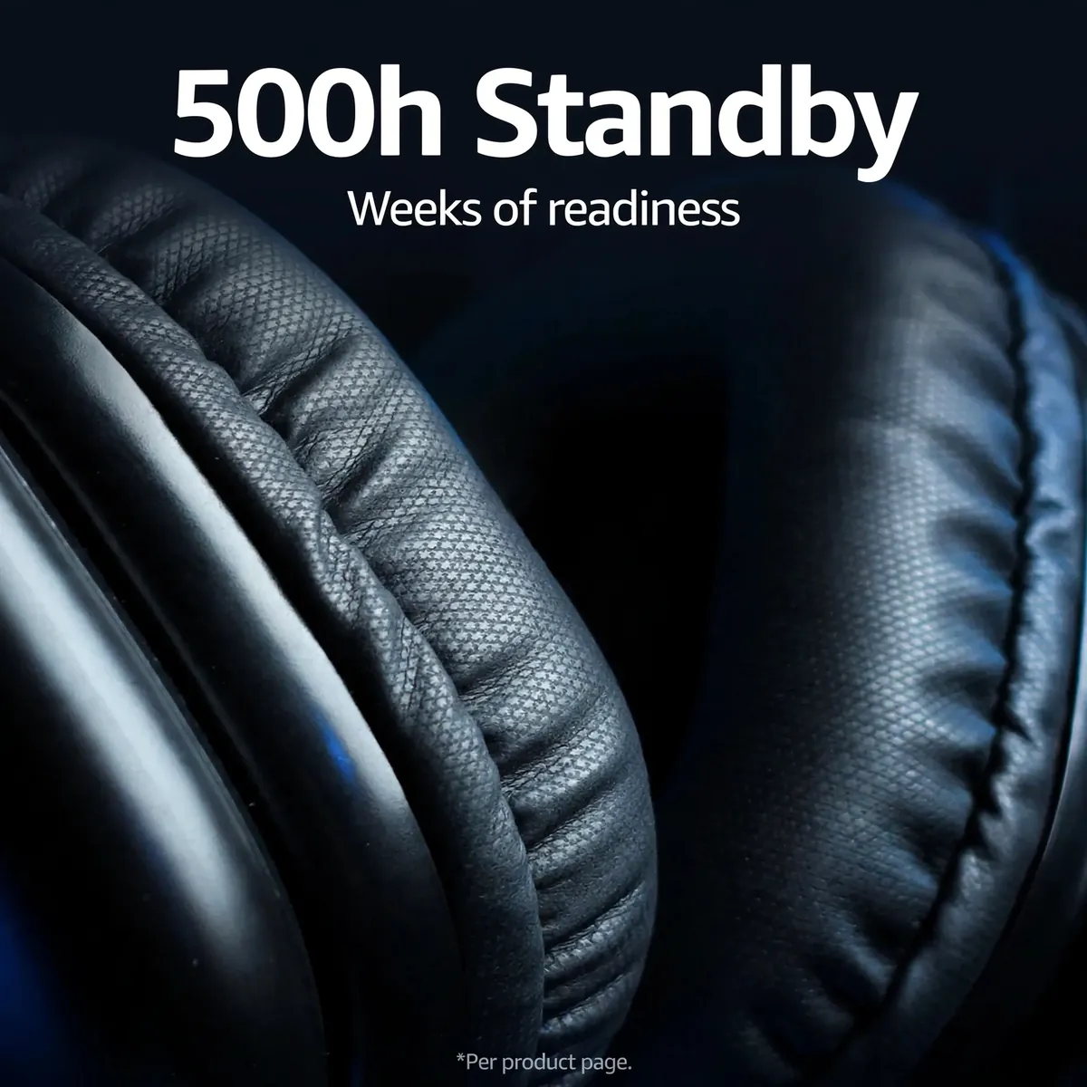 Hoco W35 Pro Max Black standby card showing an earcup close-up — 500h Standby. Weeks of readiness.