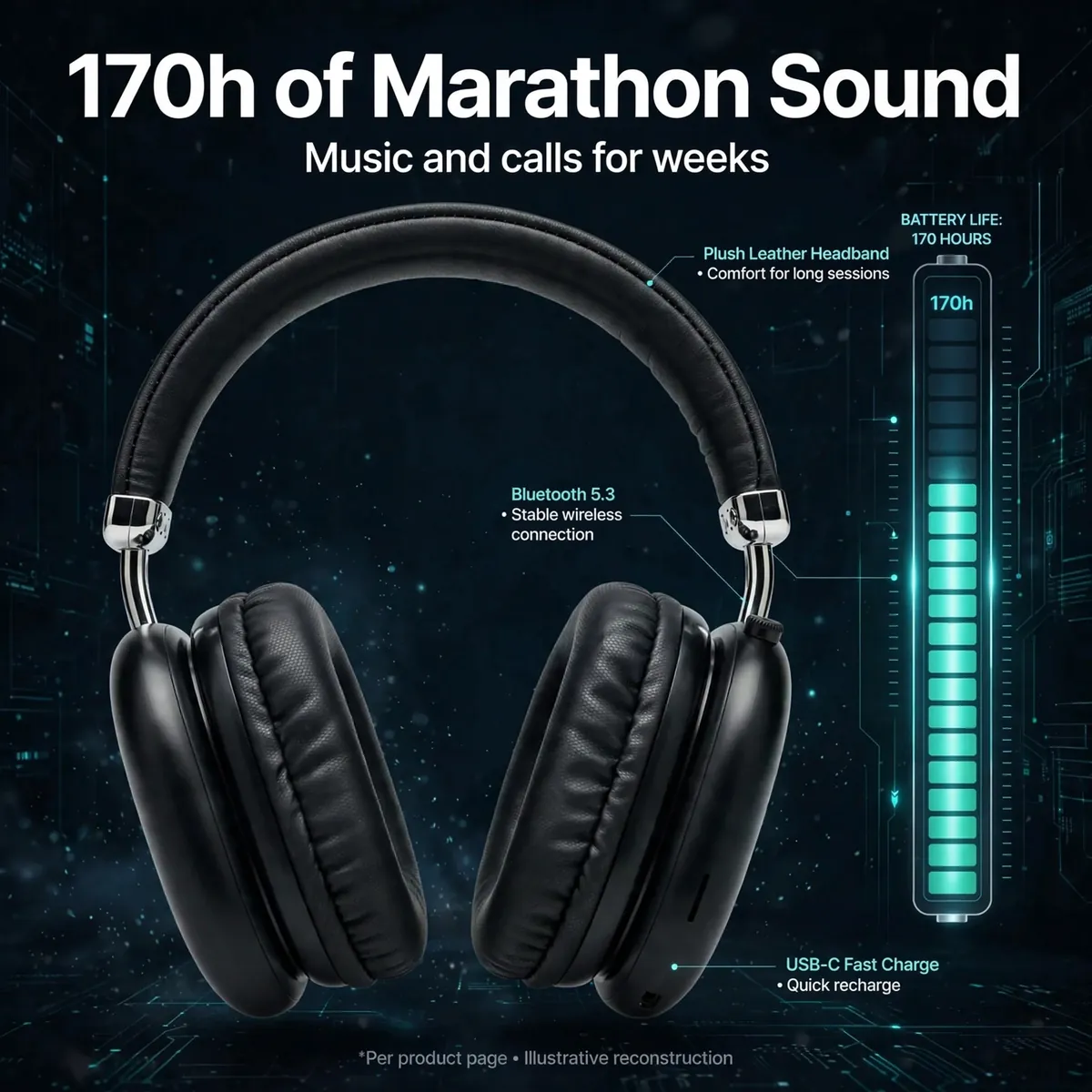 Hoco W35 Pro Max Black battery infographic with a glowing battery bar — 170h of Marathon Sound. Music and calls for weeks. Illustrative reconstruction.
