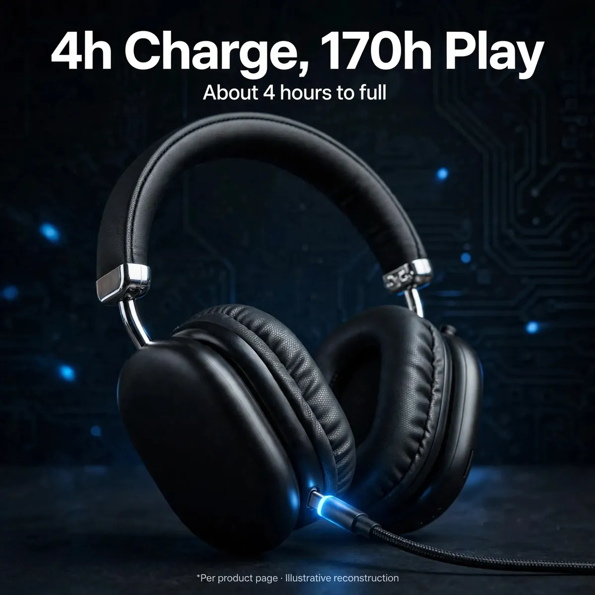 Hoco W35 Pro Max Black charging infographic with a glowing cable — 4h Charge, 170h Play. About 4 hours to full. Illustrative reconstruction.