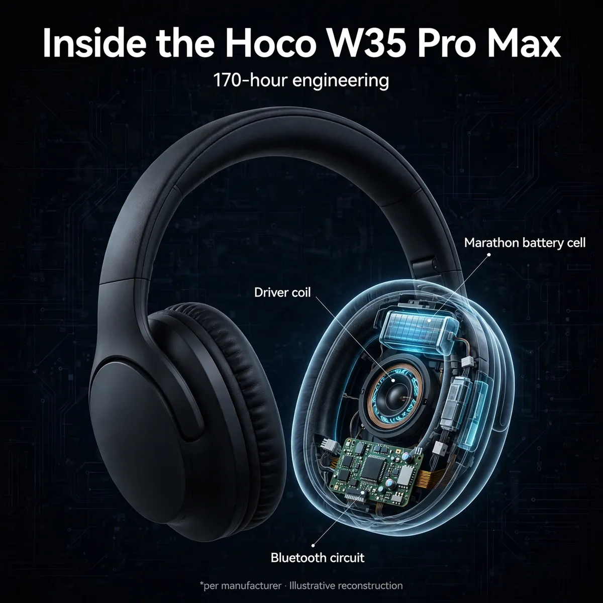 Hoco W35 Pro Max Black x-ray cutaway with leader-line callouts — Inside the Hoco W35 Pro Max. 170-hour engineering. Marathon battery cell, driver coil, Bluetooth circuit. Illustrative reconstruction.