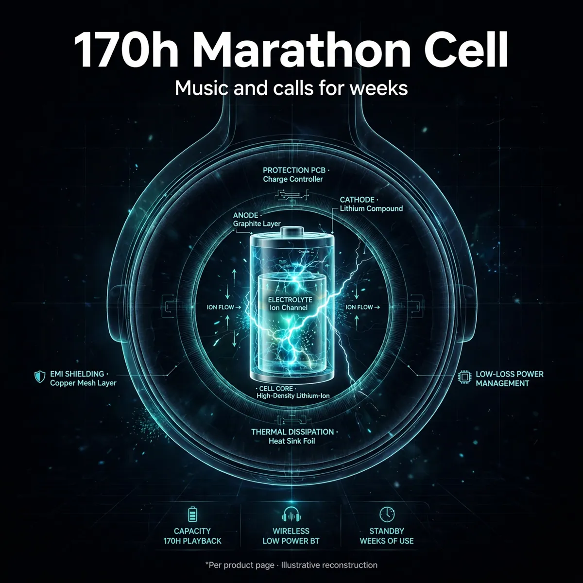 Hoco W35 Pro Max Black x-ray close-up of the glowing marathon battery cell — 170h Marathon Cell. Music and calls for weeks. Illustrative reconstruction.