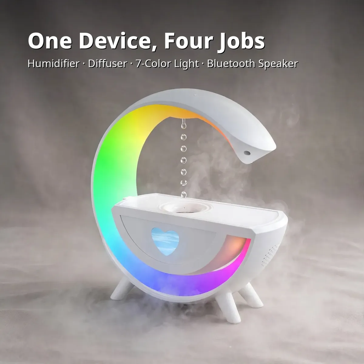 Water drop humidifier speaker 4-in-1 card — One Device, Four Jobs. Humidifier, diffuser, 7-color light, Bluetooth speaker.