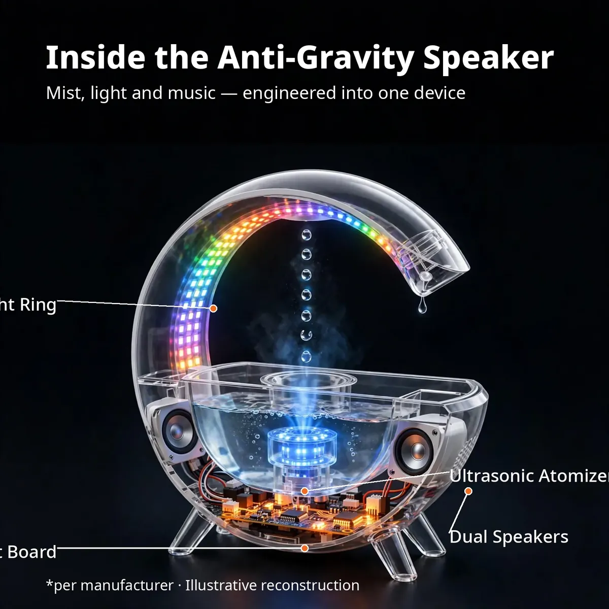 Water drop humidifier speaker x-ray cutaway — Inside the Anti-Gravity Speaker: ultrasonic atomizer, dual speaker units, LED ring, 300ml water tank, circuit board. Per manufacturer, illustrative reconstruction.