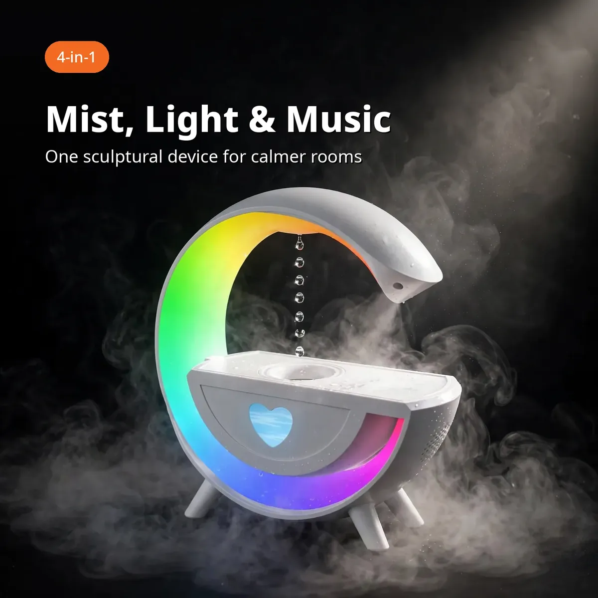 Water drop humidifier speaker promo hero — Mist, Light & Music. One sculptural device for calmer rooms. 4-in-1 chip.