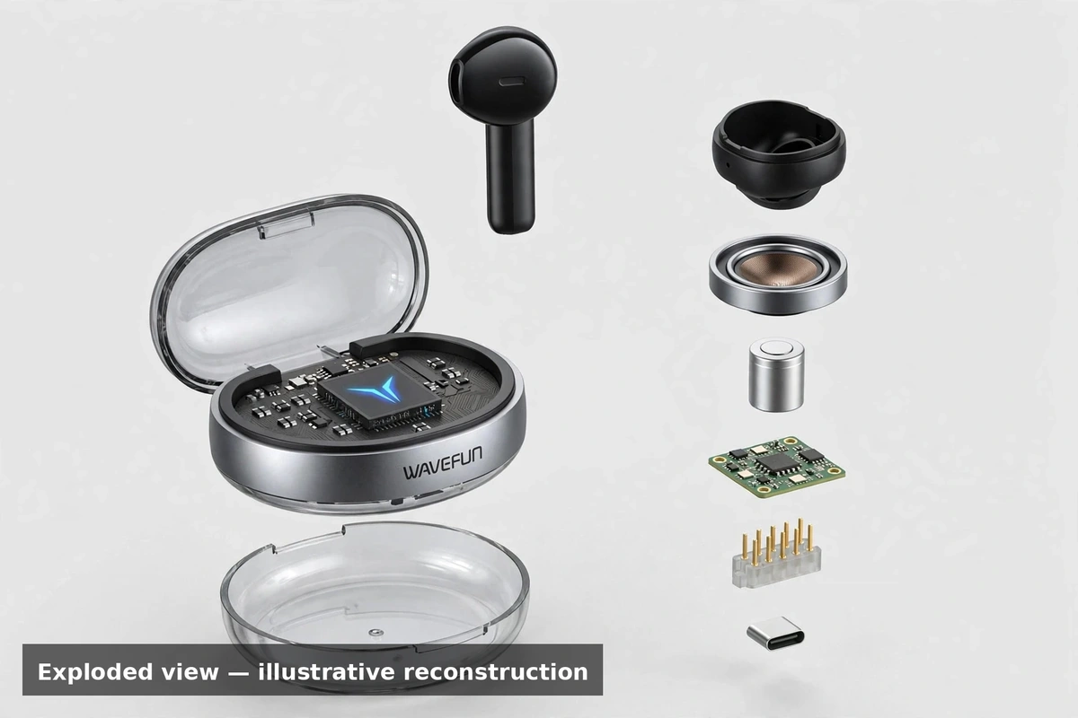 Exploded view of the Wavefun T200: earbud shell, 13mm driver, battery cell, PCB and translucent round case with cover off — illustrative reconstruction