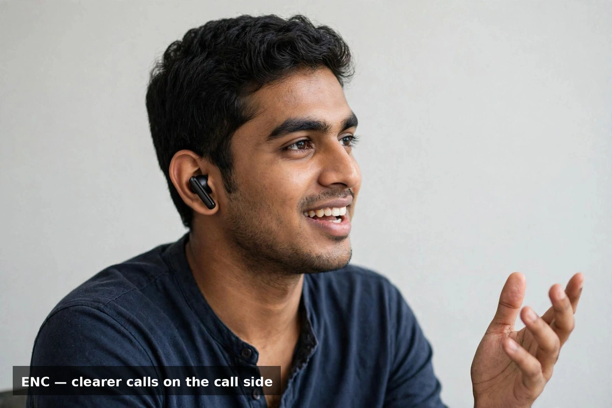 Wavefun T200 ENC-calls benefit visualization: professional mid-conversation with the bud clearly visible — ENC noise reduction on the call side only