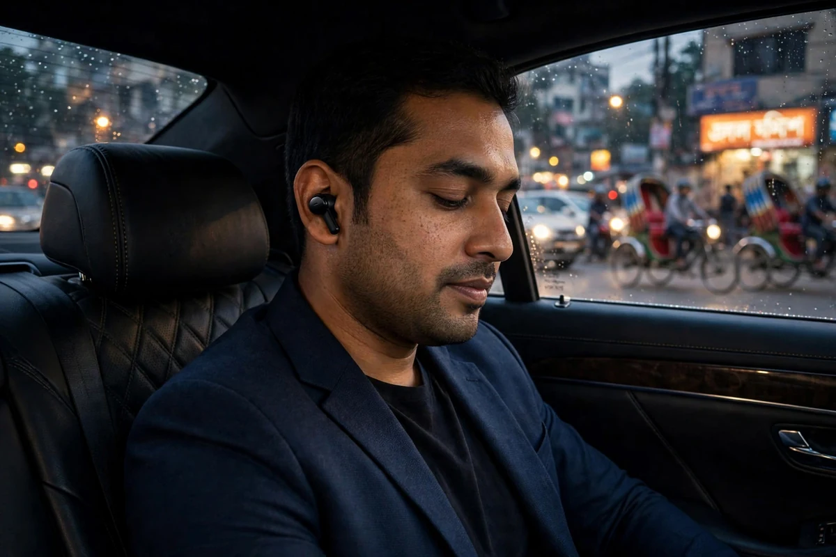 Young man mobile-gaming in a leather armchair wearing a Wavefun T200 earbud