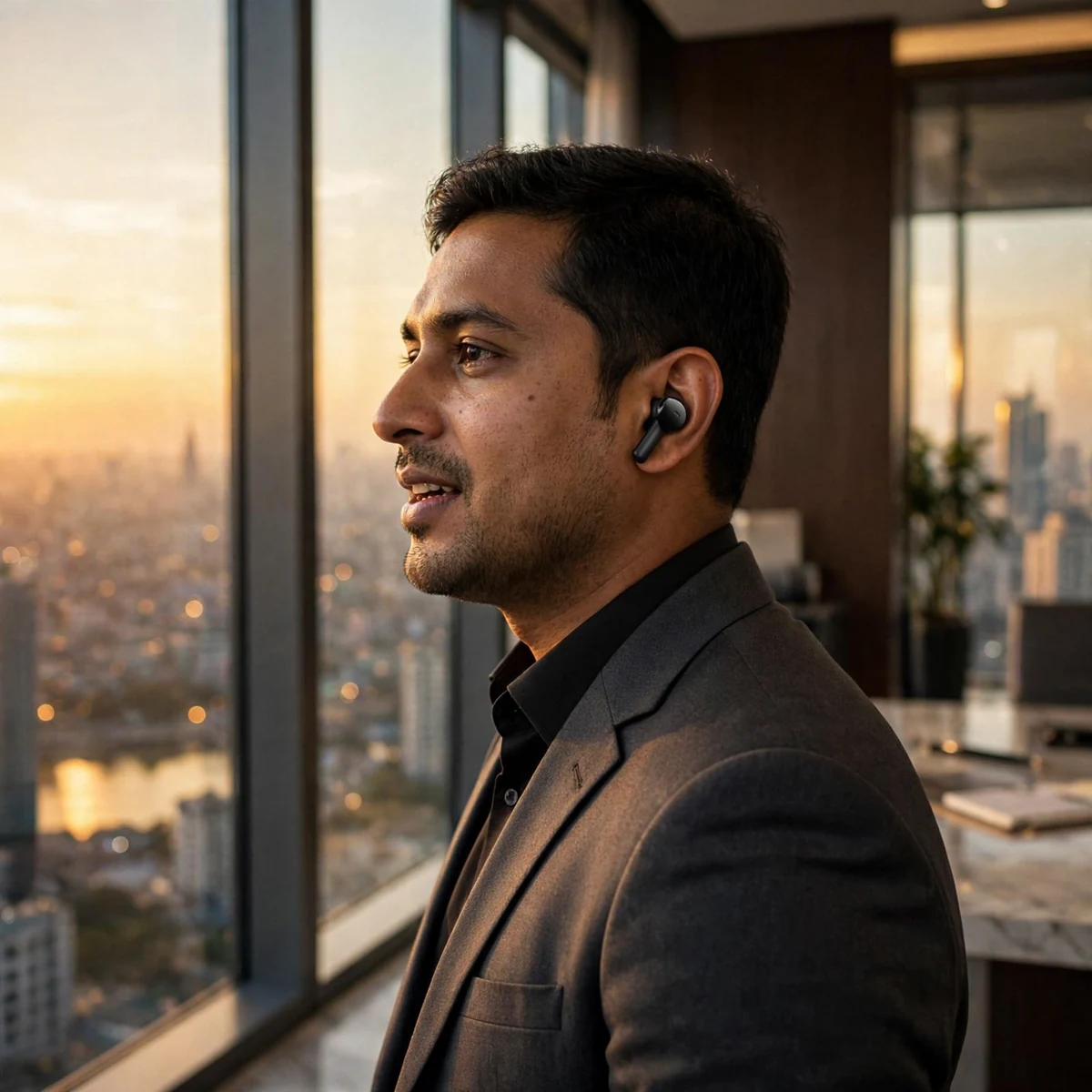 Executive on a call at a high-rise office window wearing a Wavefun T200 earbud, golden hour