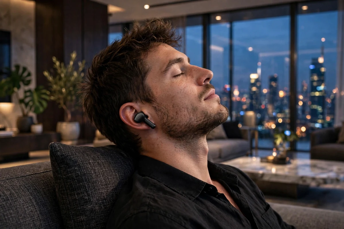 Businessman in a luxury sedan listening to music with a Wavefun T200 earbud seated in his ear