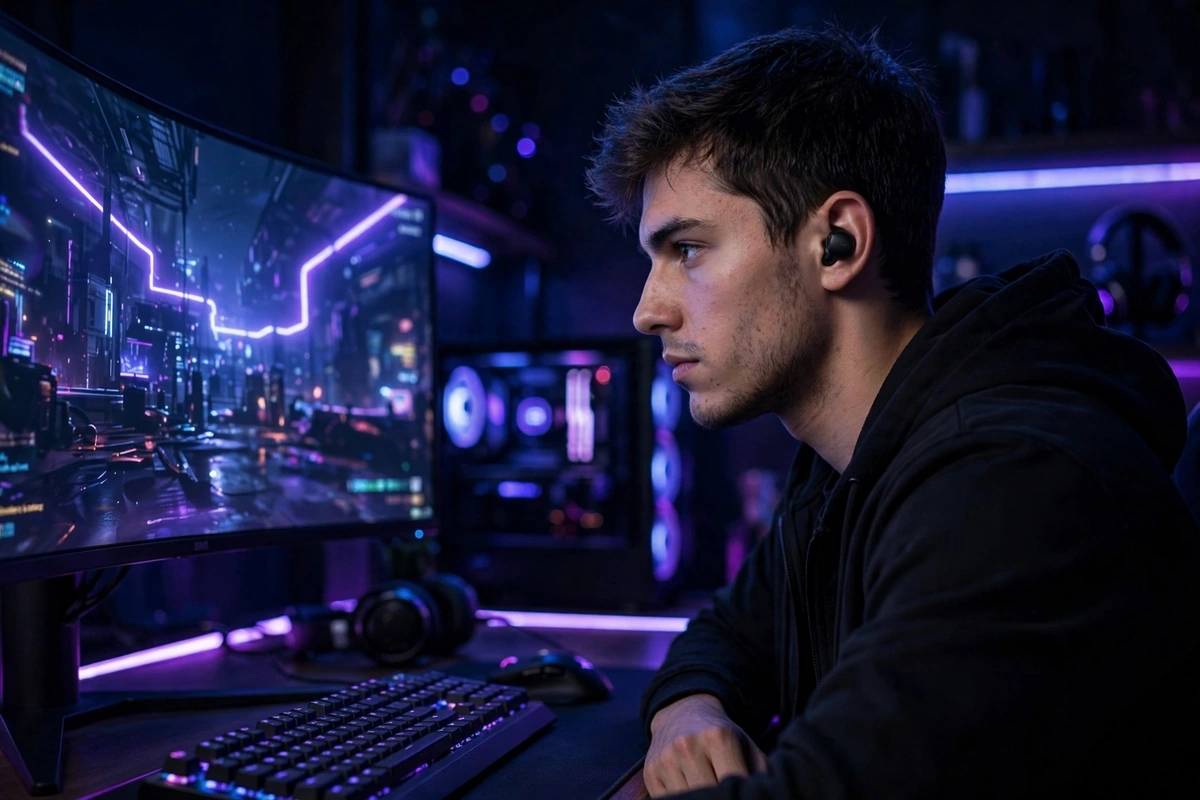 Man with eyes closed listening to music at a dusk penthouse wearing Wavefun T200 earbuds