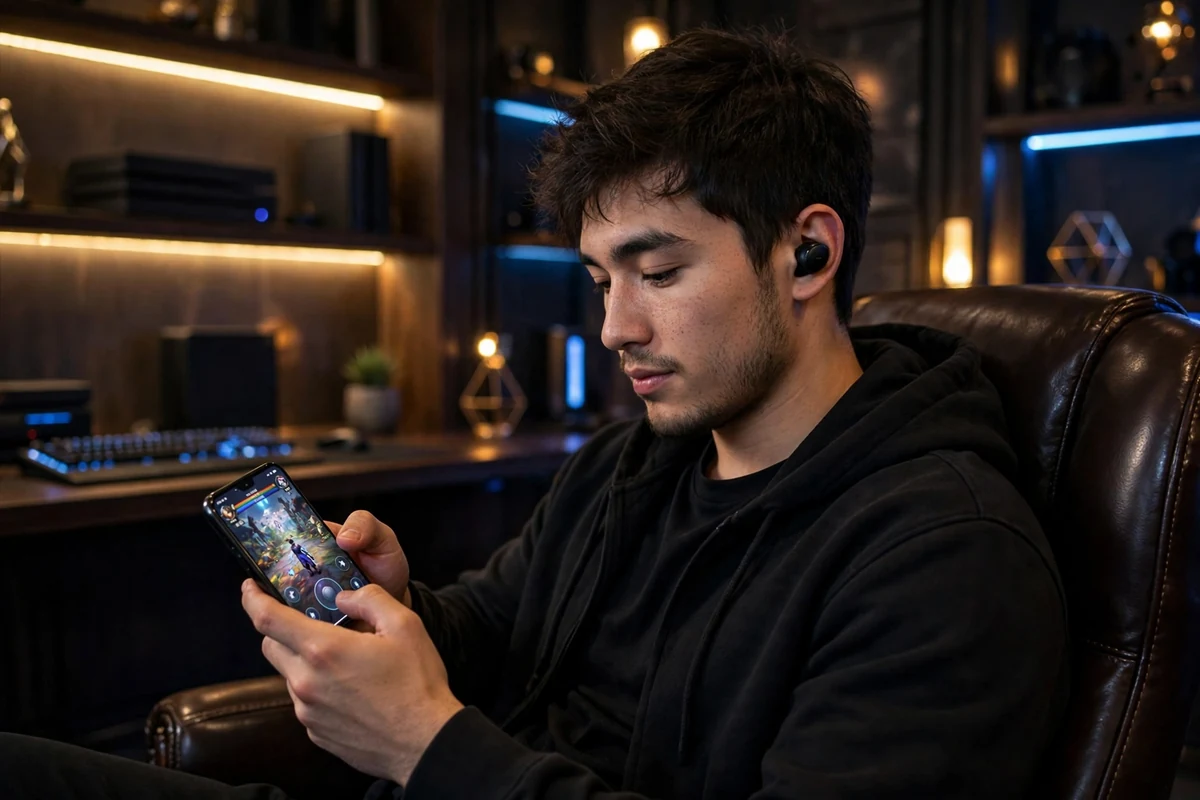 Young man gaming at an ultrawide RGB monitor wearing Wavefun T200 earbuds