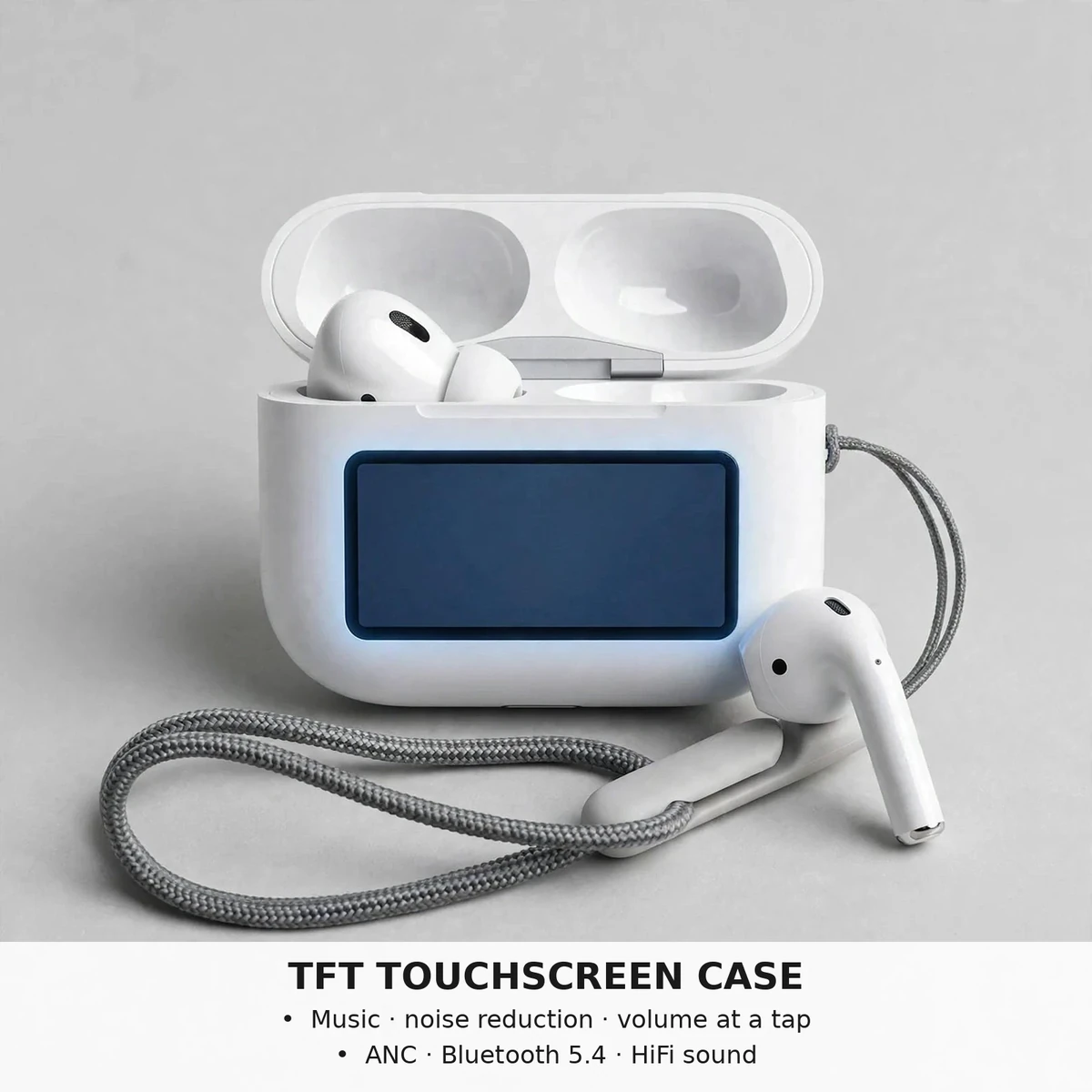 Wiwu T22 touchscreen case feature visualization: TFT touchscreen, music, noise reduction and volume at a tap, ANC, Bluetooth 5.4, HiFi — manufacturer-stated figures