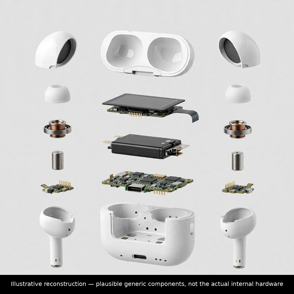 Illustrative exploded-view reconstruction of Wiwu T22 earbud and charging-case components — not an actual teardown photograph