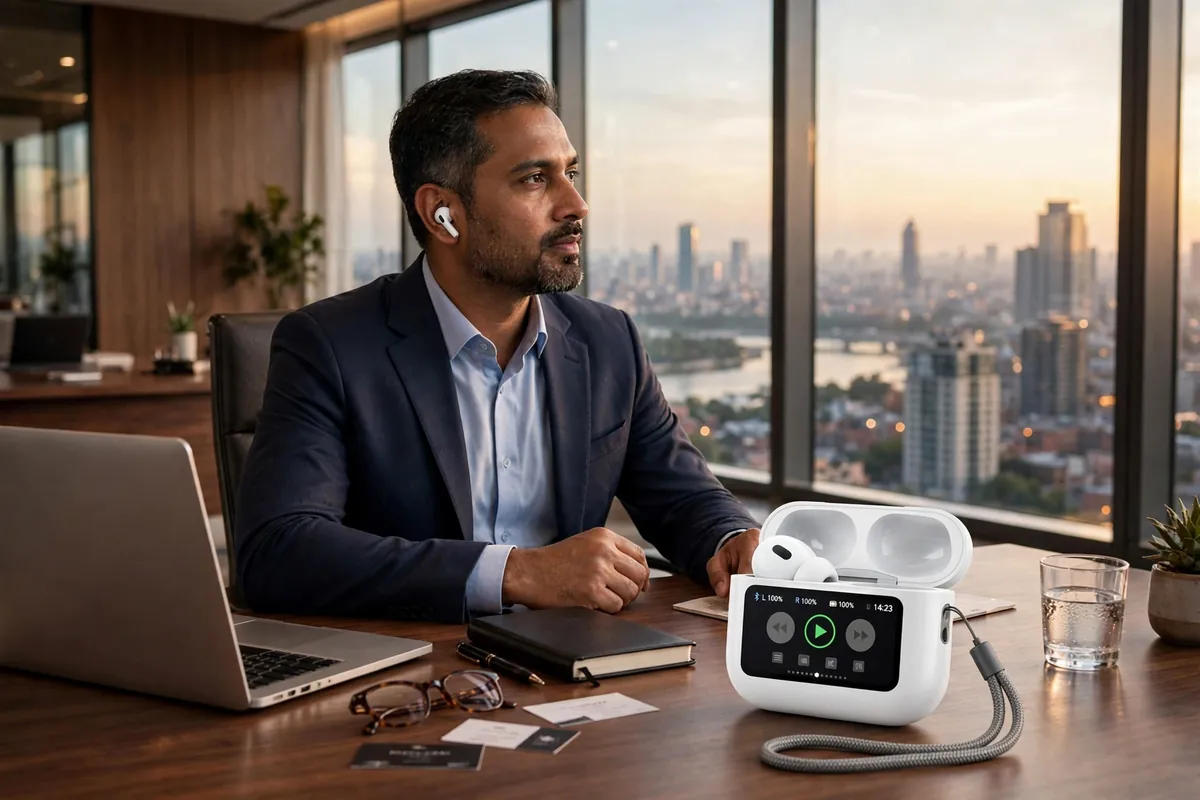 Young Bangladeshi man wearing the white Wiwu T22 earbuds in a luxury office, touchscreen case on the desk