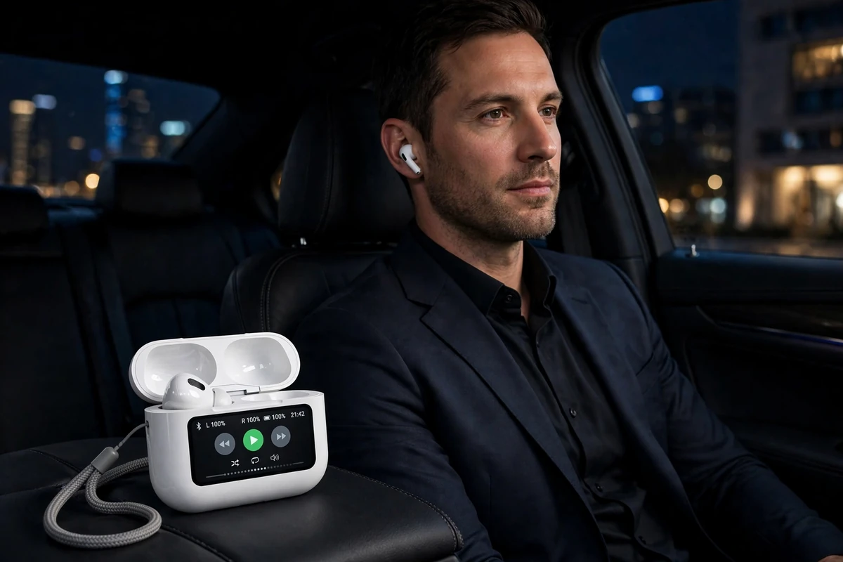 Man wearing Wiwu T22 earbuds in a luxury car at night, touchscreen charging case on the armrest