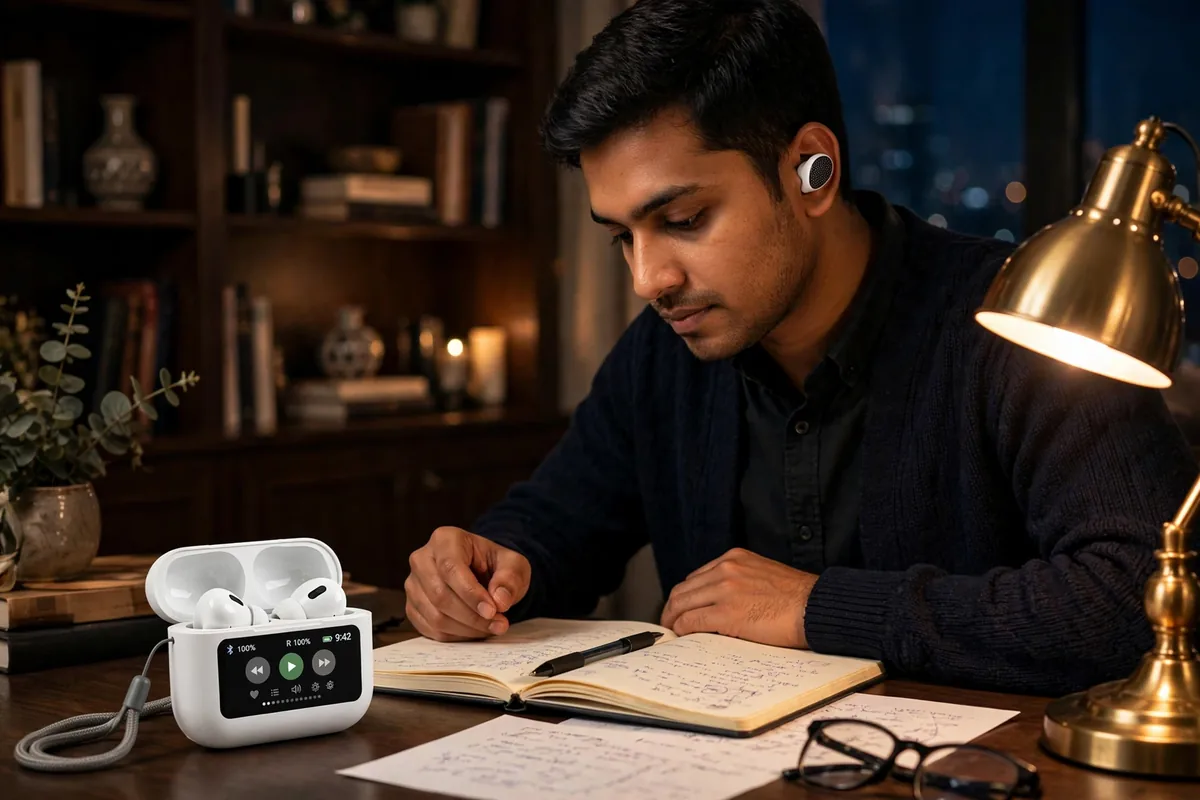 Young man using the Wiwu T22 touchscreen charging case at a home study desk at night