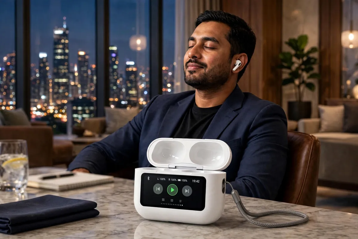 Man relaxing in a penthouse lounge wearing the white Wiwu T22 earbuds
