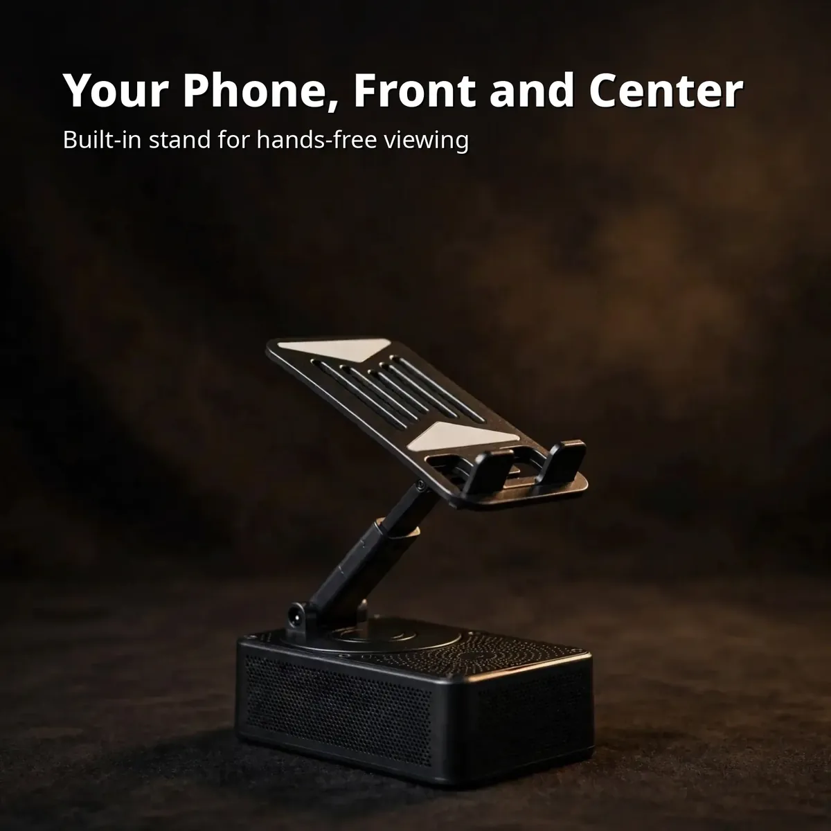 WYS-2301BT speaker stand card — Your Phone, Front and Center. Built-in stand for hands-free viewing.