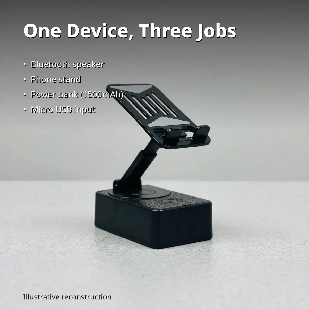 WYS-2301BT speaker 3-in-1 infographic — One Device, Three Jobs: Bluetooth speaker, phone stand, 1500mAh power bank, Micro USB input. Illustrative reconstruction.