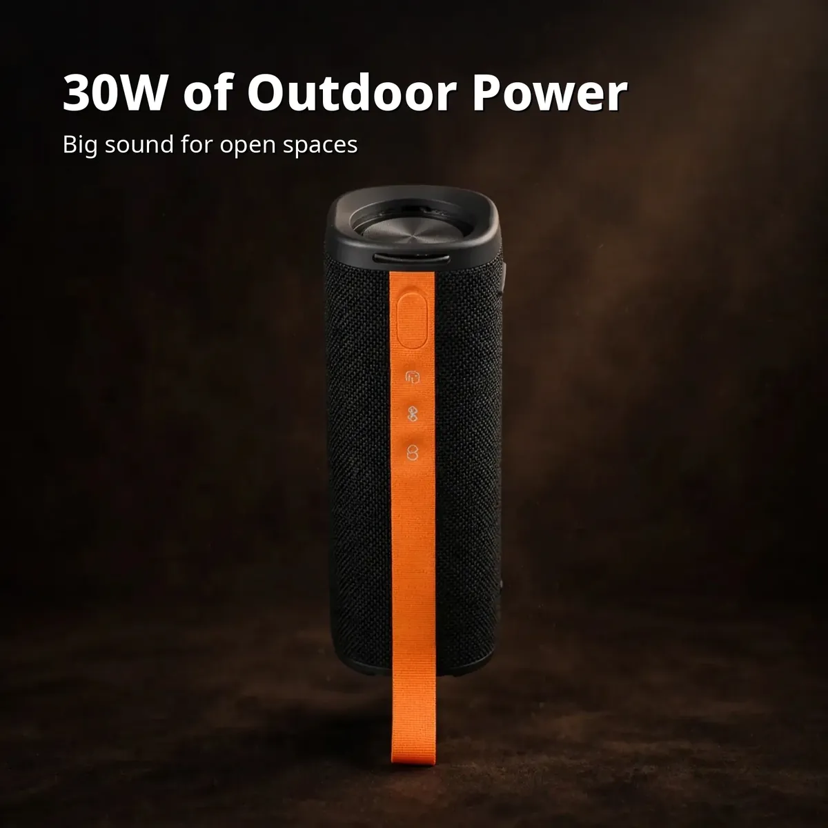 Xiaomi Sound Outdoor 30W power card showing the black speaker with orange strap