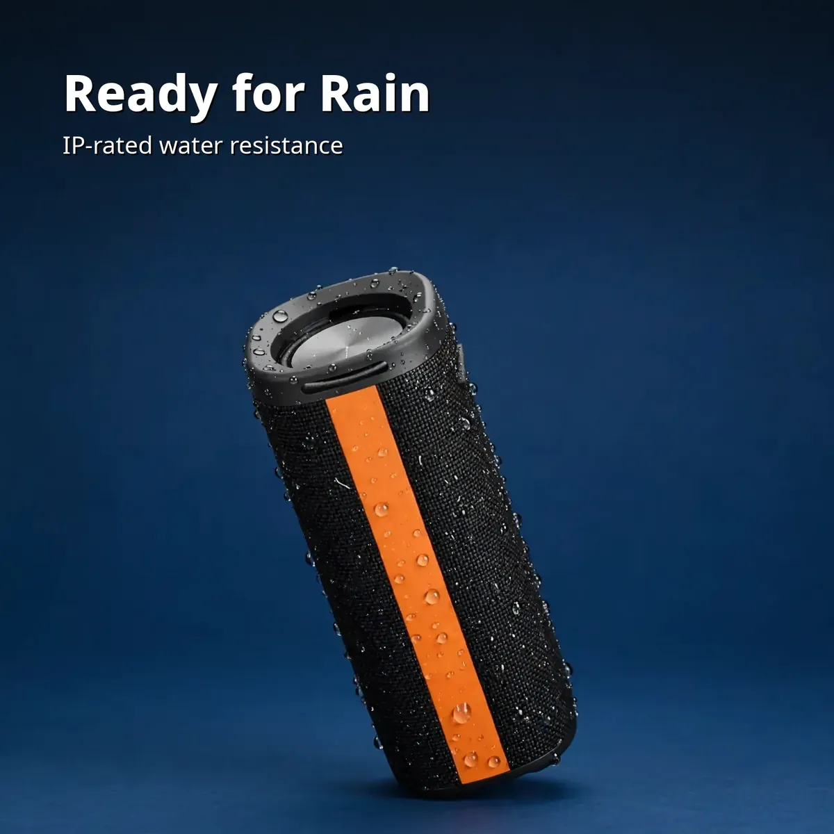 Xiaomi Sound Outdoor water-resistance card showing water droplets on the speaker