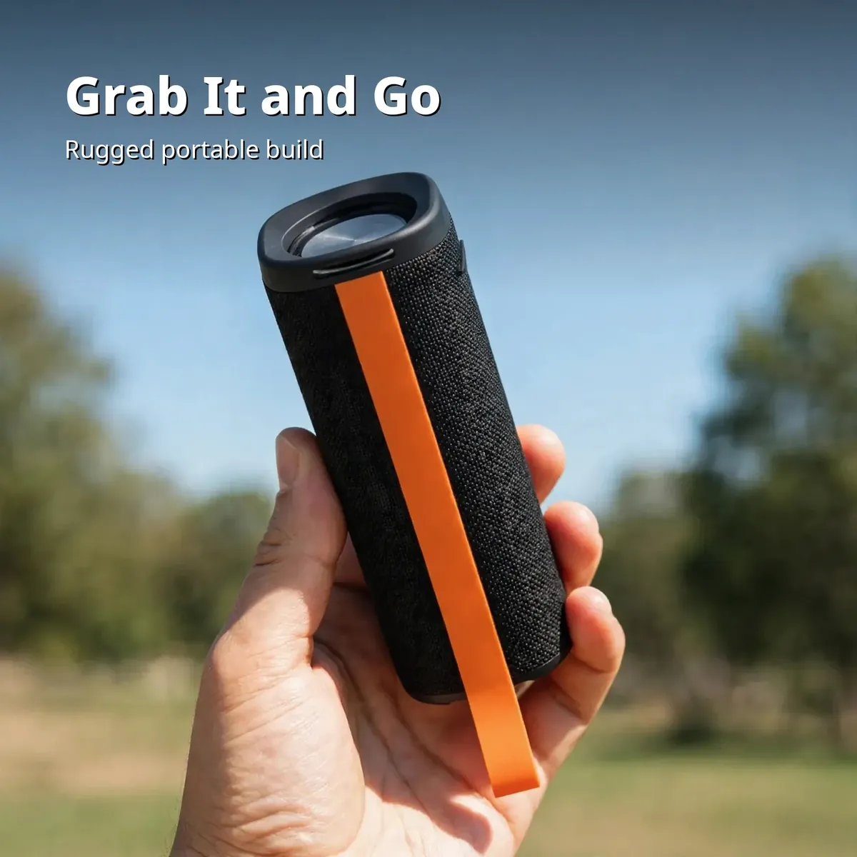 Xiaomi Sound Outdoor portable card showing the speaker held in hand outdoors