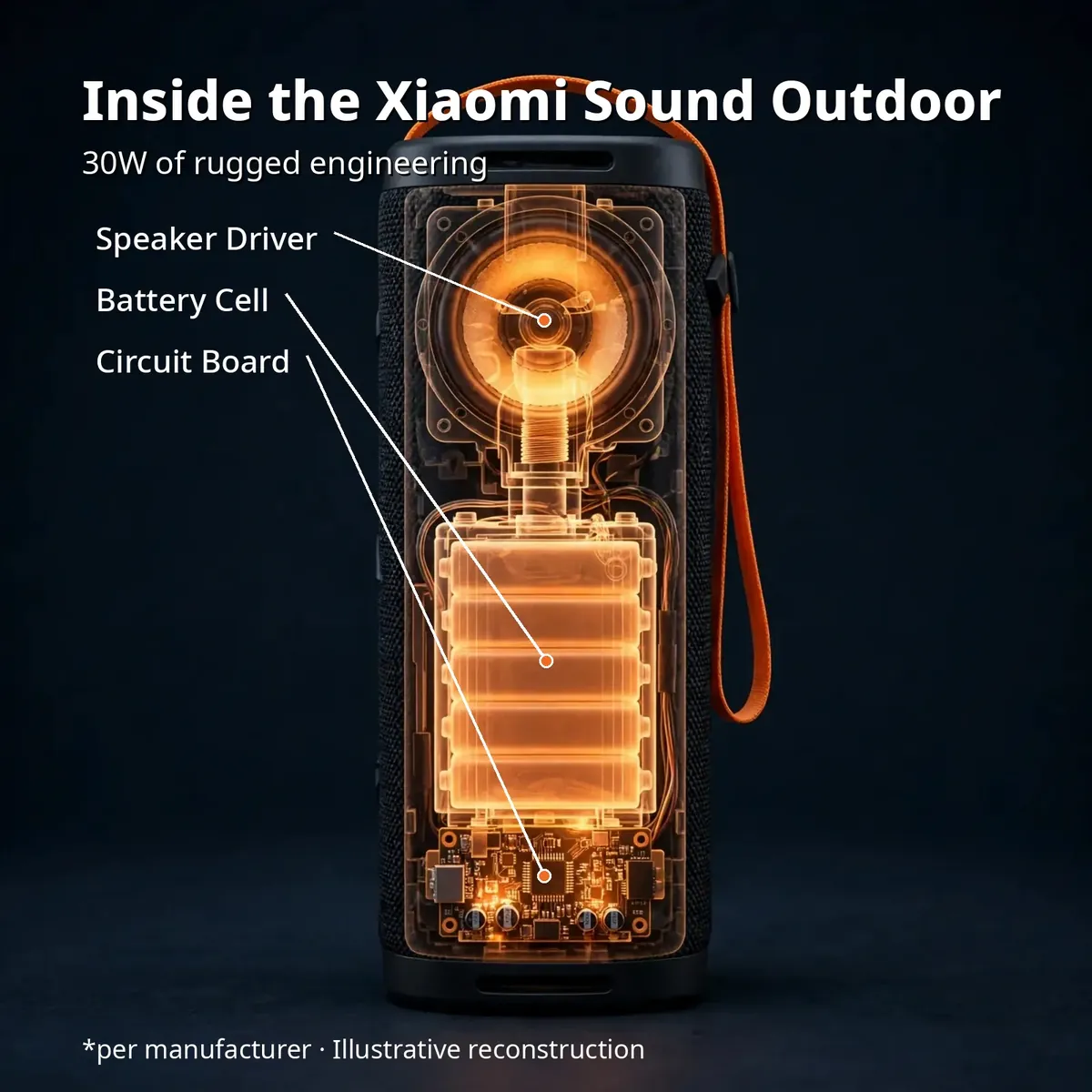 Xiaomi Sound Outdoor x-ray cutaway illustration showing driver battery cell and circuit board