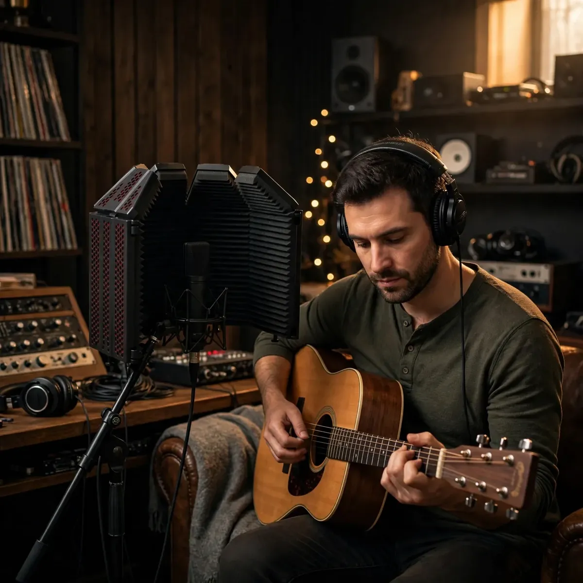 XTUGA isolation shield lifestyle shot — man recording acoustic guitar in a moody home studio, shield on stand.