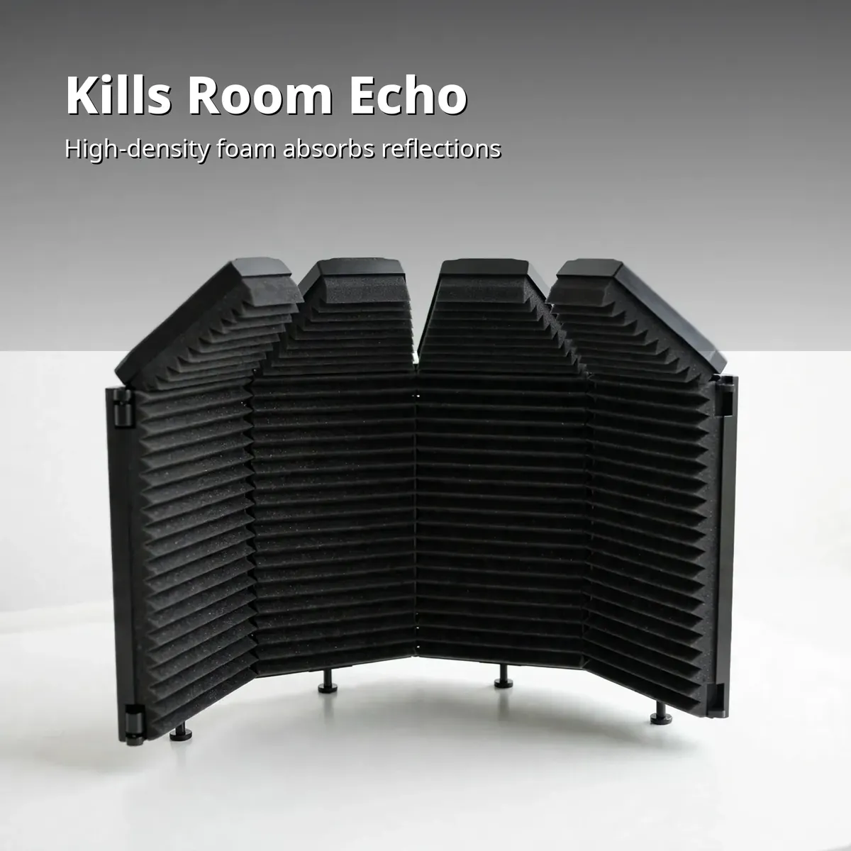 XTUGA isolation shield feature card — Kills Room Echo. High-density foam absorbs reflections.