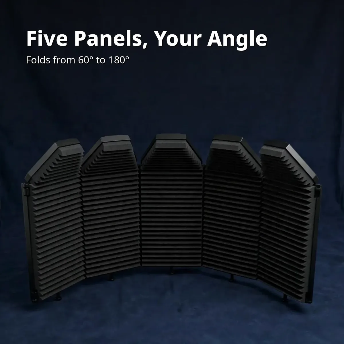 XTUGA isolation shield feature card — Five Panels, Your Angle. Folds from 60° to 180°.