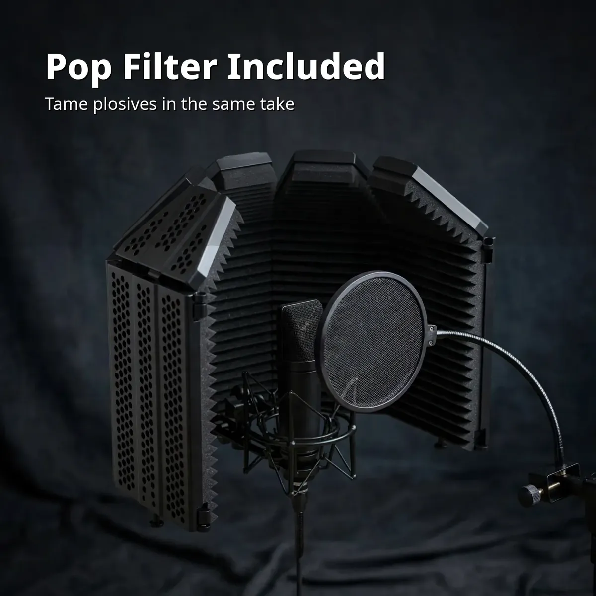 XTUGA isolation shield feature card — Pop Filter Included. Tame plosives in the same take.