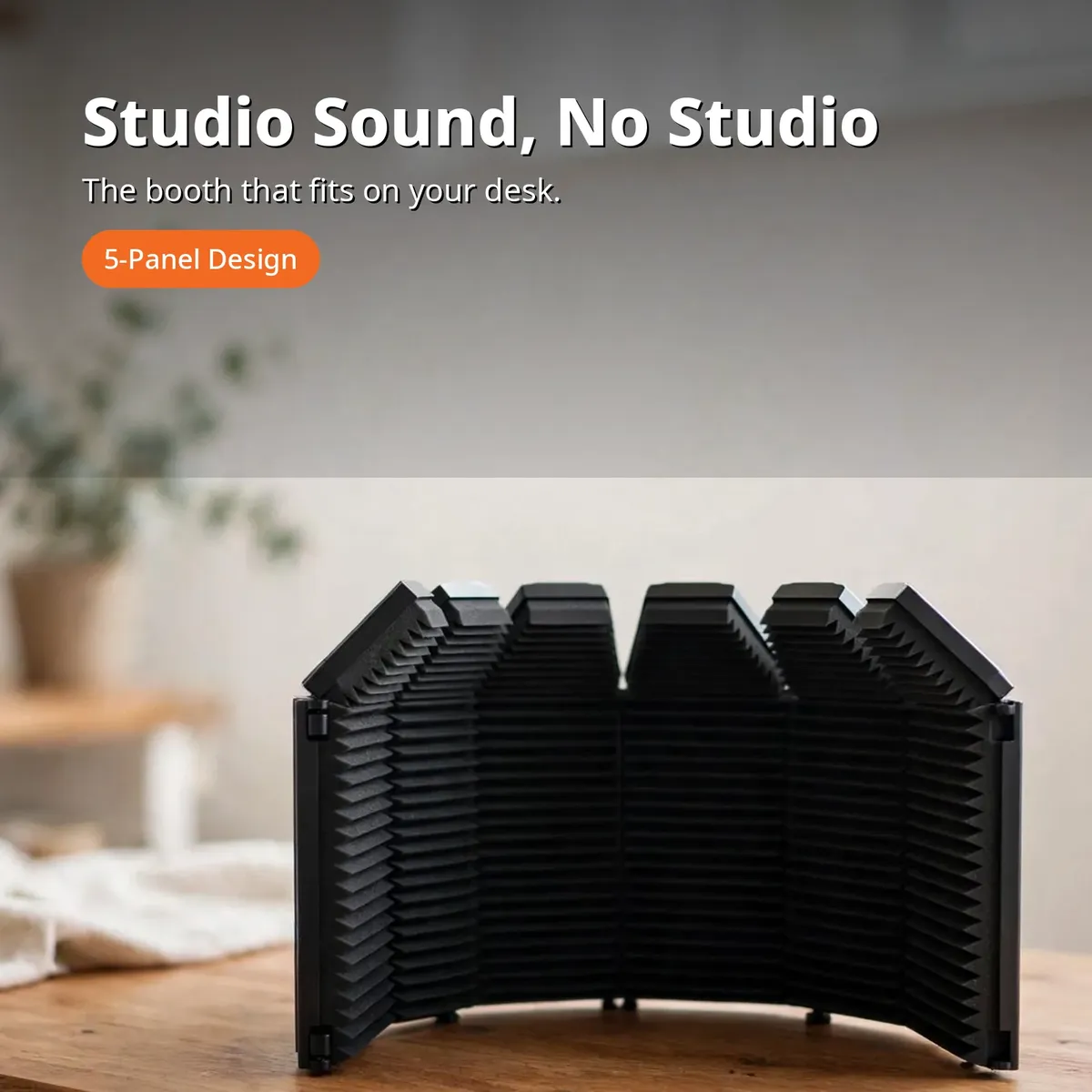 XTUGA isolation shield promo hero — Studio Sound, No Studio. The booth that fits on your desk. 5-Panel Design.